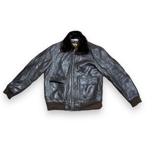 Navy Bomber Jacket Leather Brown w/ Fur Mens XL